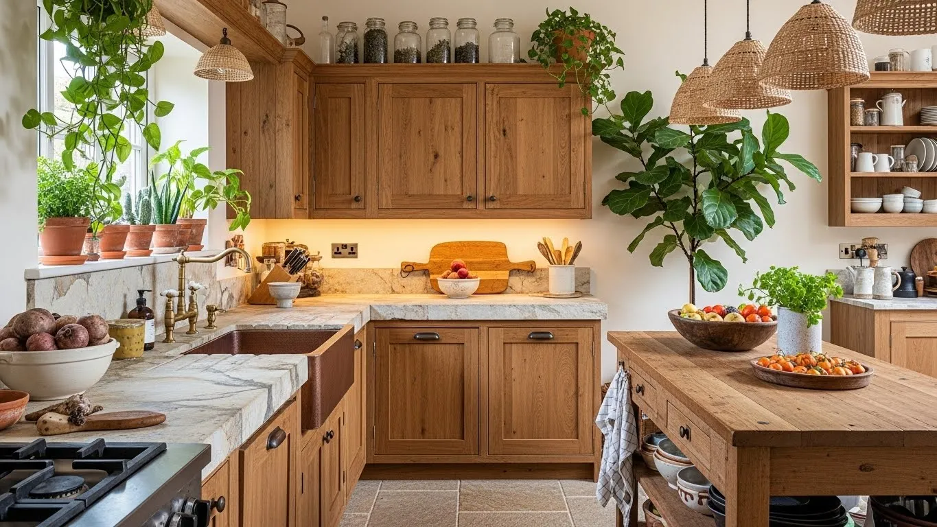 Earthy kitchen with wooden cabinets, stone countertops, and indoor plants for a natural, warm interior