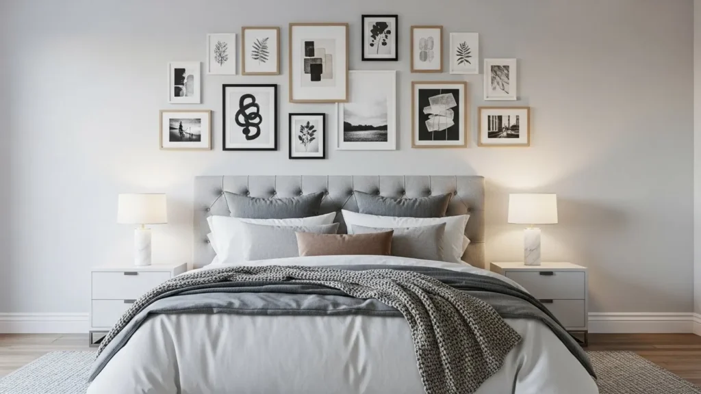 Over the bed bedroom gallery wall layout