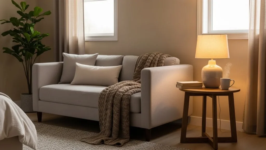 Bedroom couch with side table and lamp setup