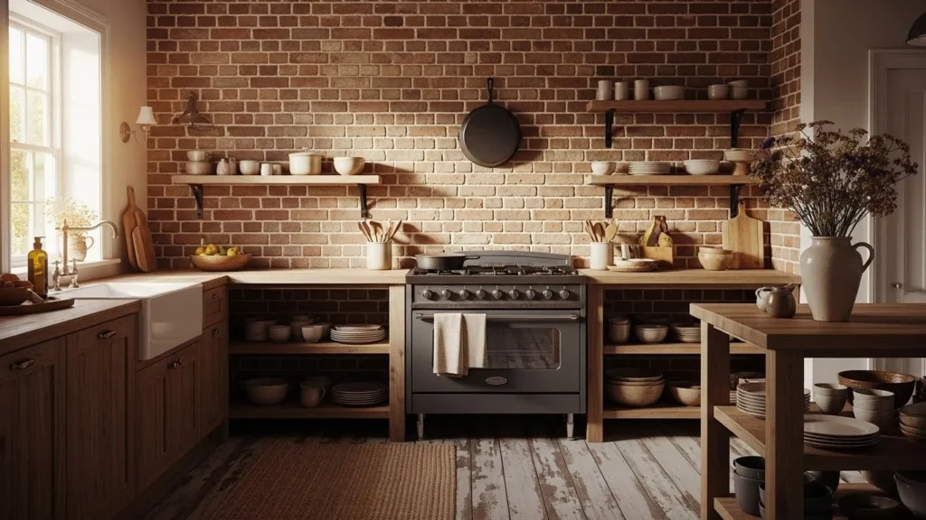 "Brick backsplash adding rustic charm to kitchen"