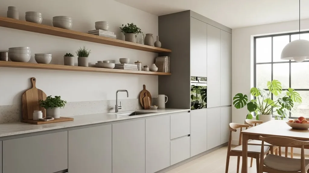 Gray kitchen design featuring open shelving and decor