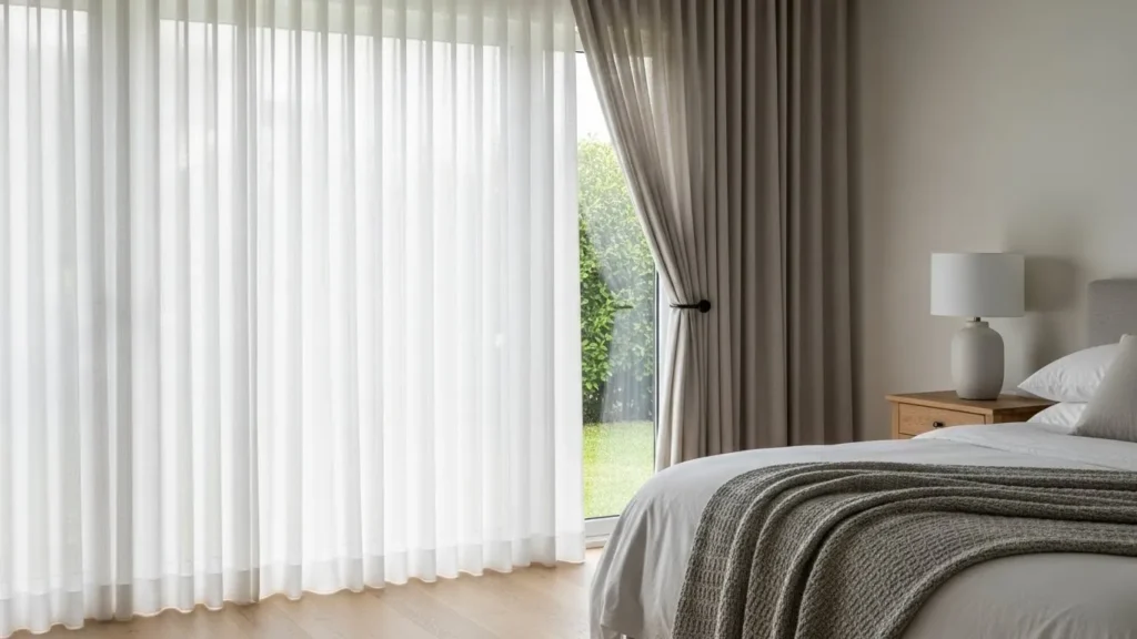 Bedroom with layered sheer and linen curtains for natural light control