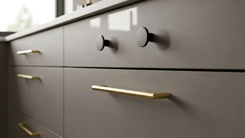 Kitchen drawers with modern gold and black handles