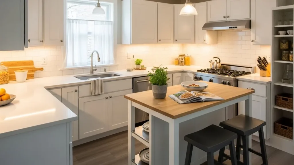 Small kitchen with rolling island