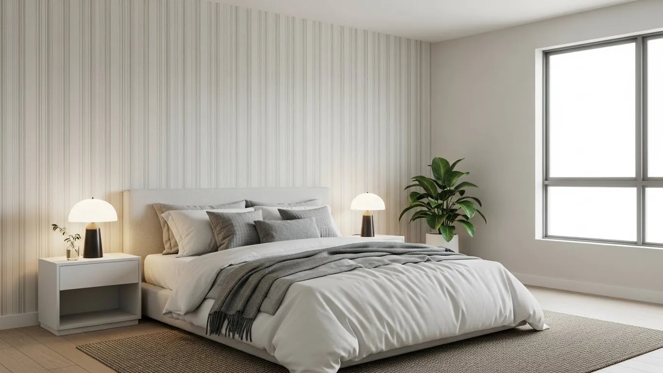 Striped wallpaper accent wall making bedroom ceiling look taller