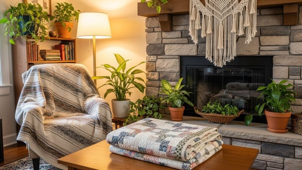 Vintage home decor with woven textiles adding texture and warmth