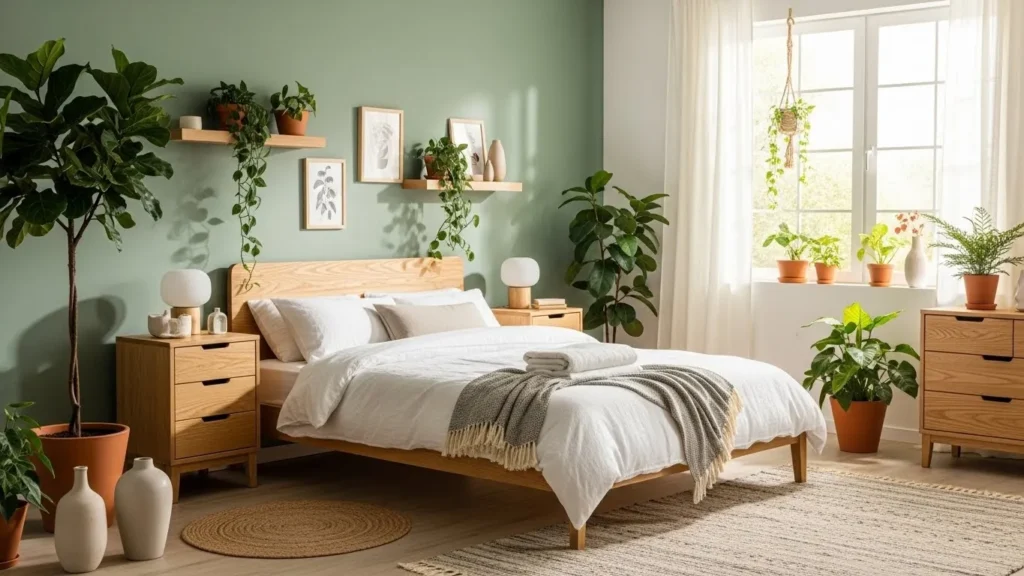 Sage green bedroom wall color with natural elements