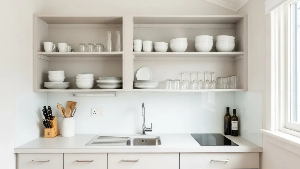 Strategically styled open shelves in a small kitchen