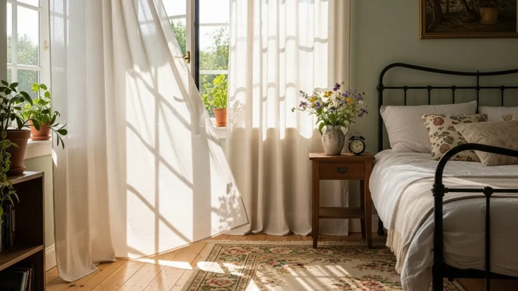 Soft linen curtains in cottagecore decor