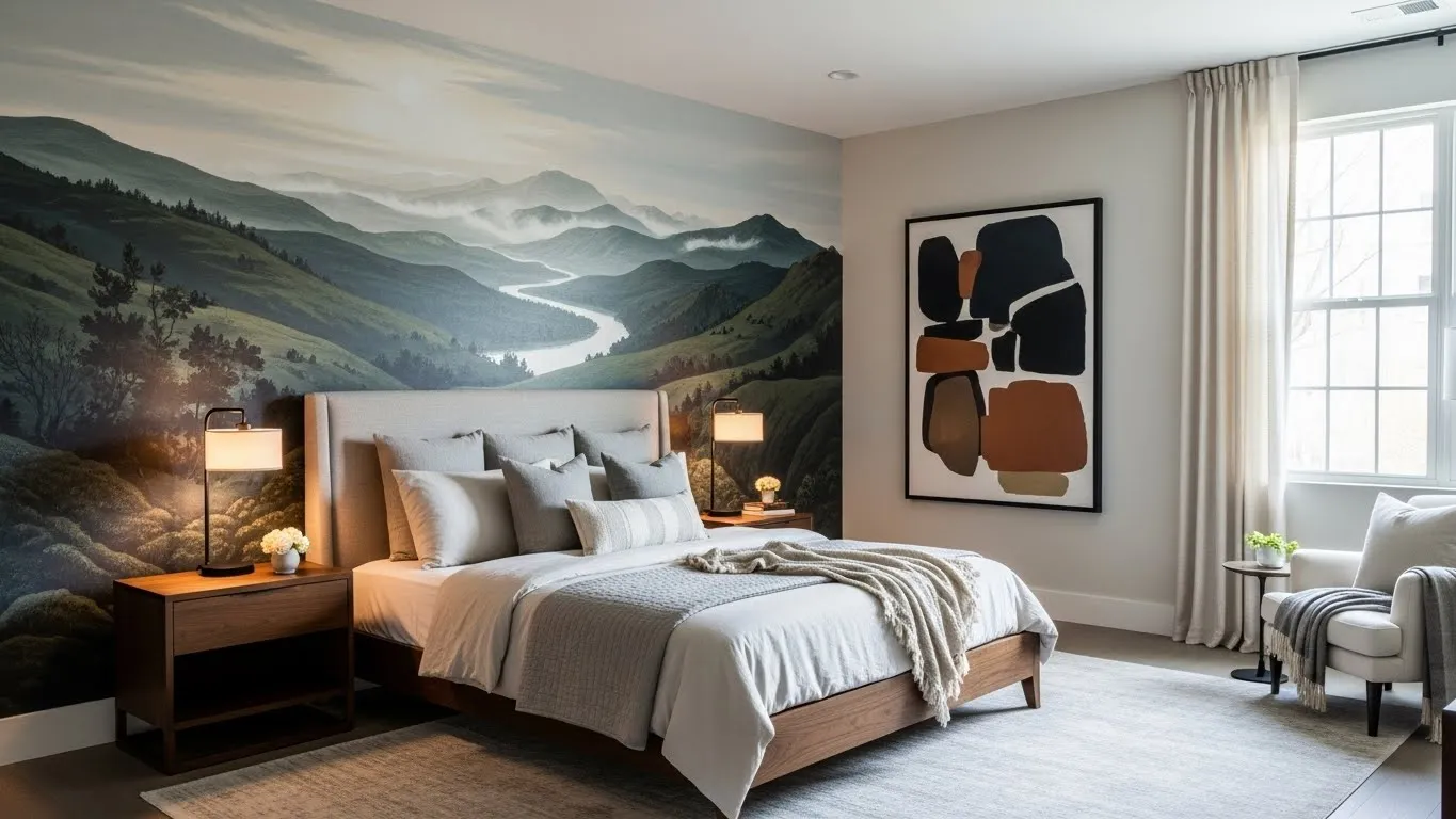 Mural wallpaper accent wall creating a bold bedroom statement