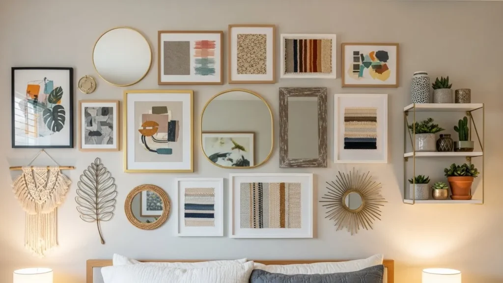 Mixed media bedroom gallery wall ideas