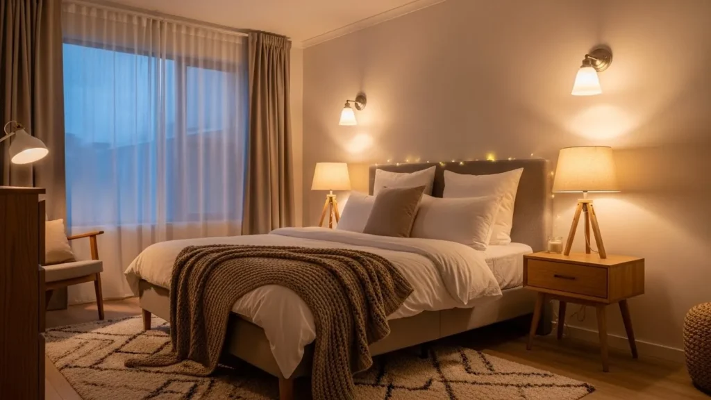 Cozy bedroom featuring layered lighting for warm and relaxing ambiance