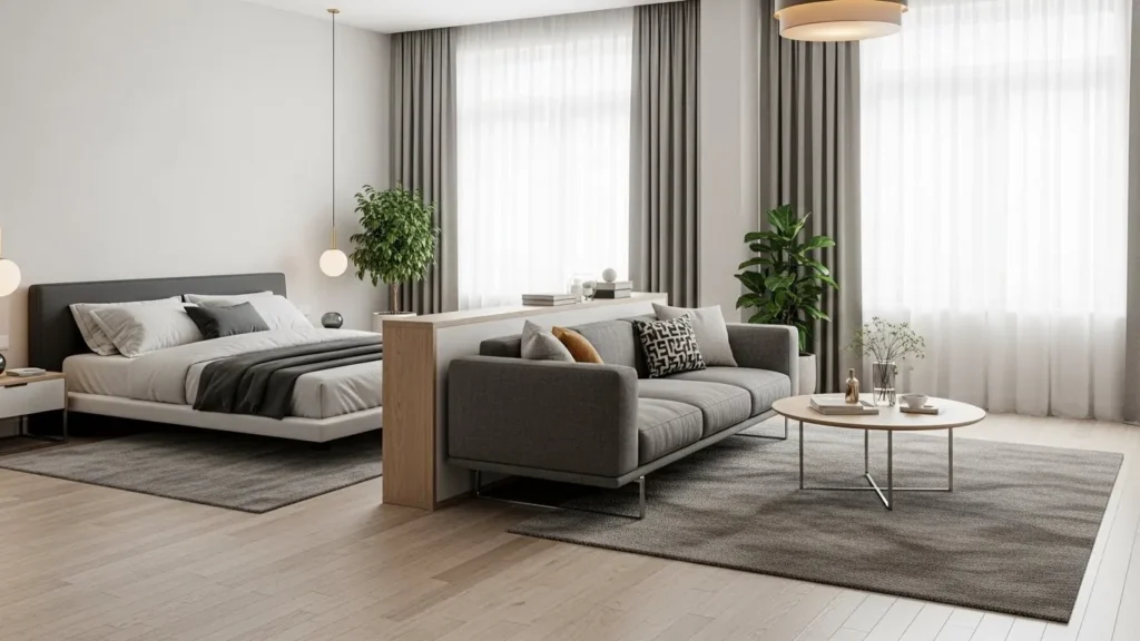 Couch divider used in a bedroom layout