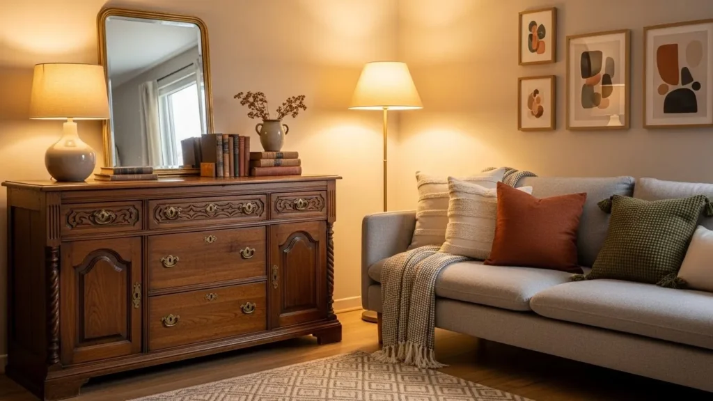 Vintage home decor mixing antique furniture with modern pieces for a timeless look