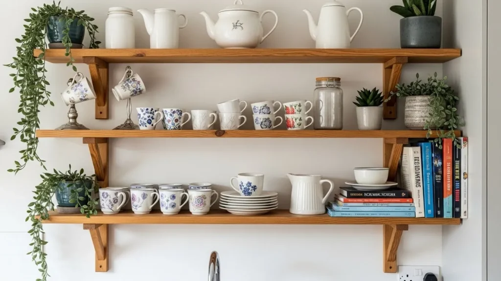 Open shelving styled with cottagecore decor items