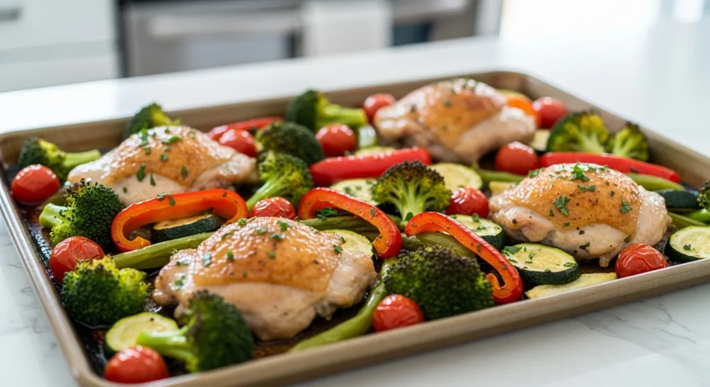 Sheet pan make-ahead dinner meal with chicken and vegetables