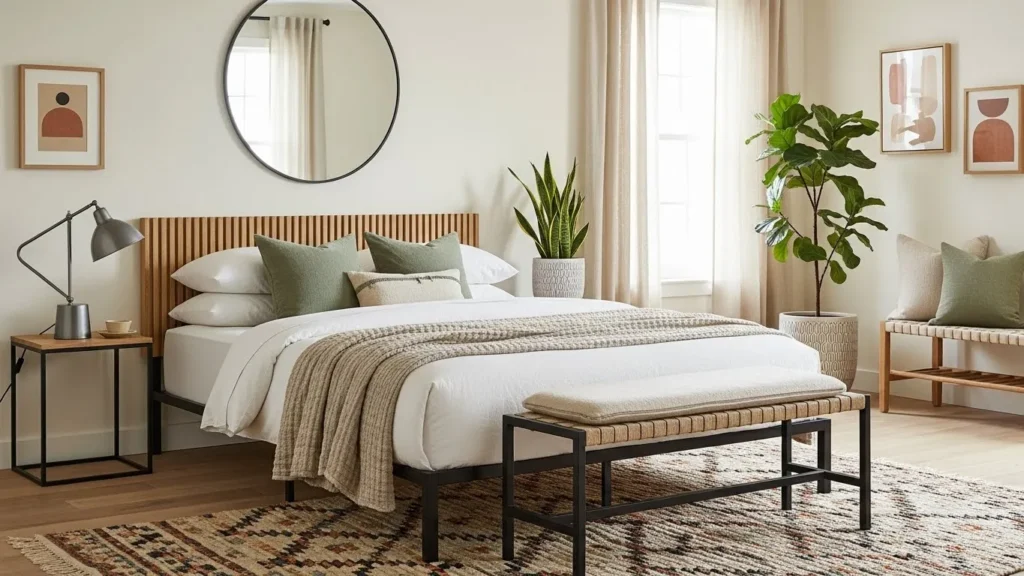 Bedroom combining metal, wood, and linen furniture for a modern organic look