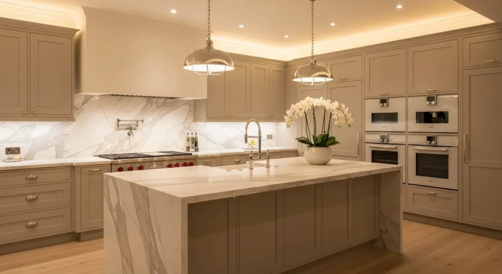 Beige kitchen cabinets with marble backsplash