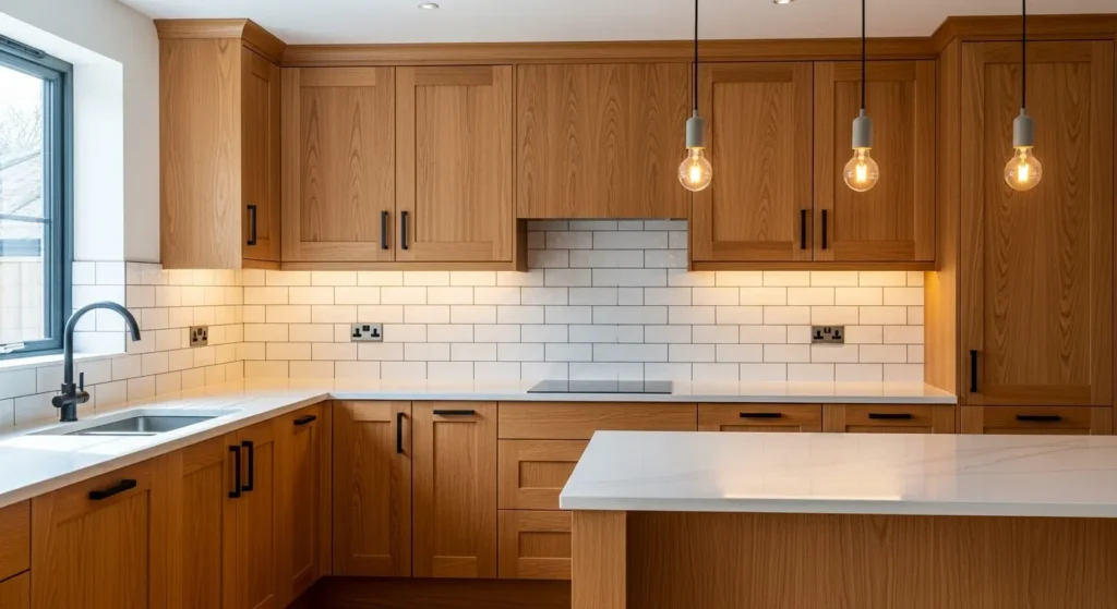 Oak kitchen cabinets with black hardware