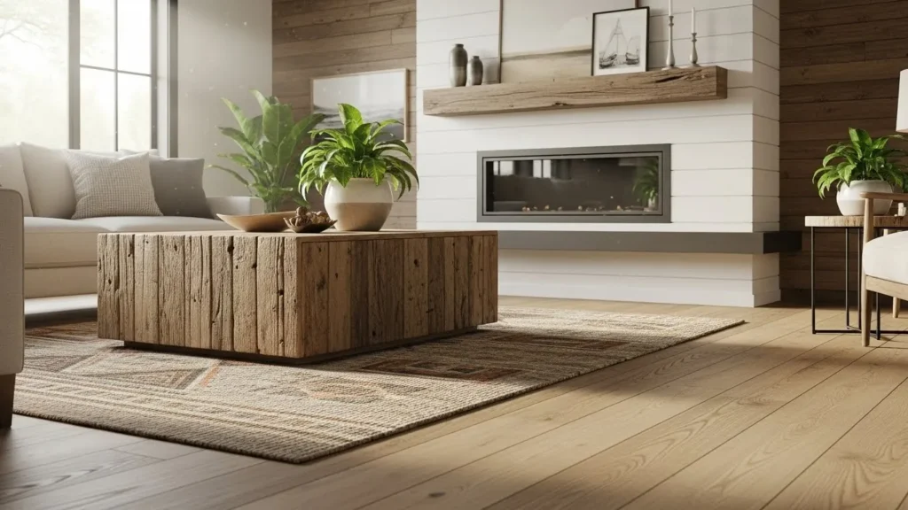 Mixed wood textures in a modern rustic living space