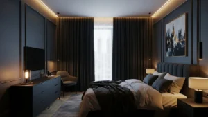 Cozy moody bedroom ideas using dark colors, rich textures, warm lighting, and elegant modern decor