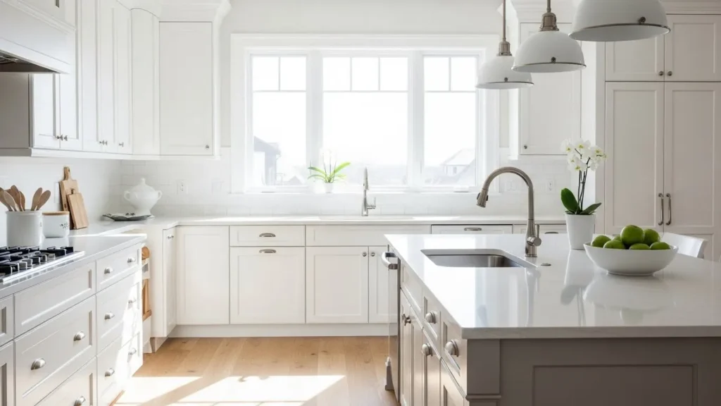 White kitchen with light wood flooring