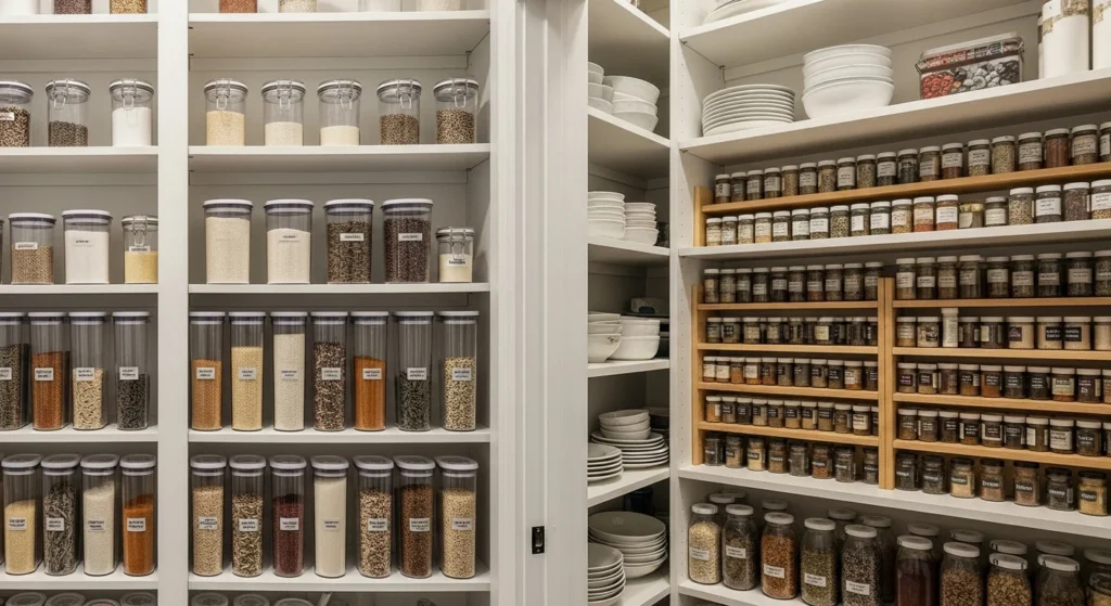organized kitchen pantry shelves