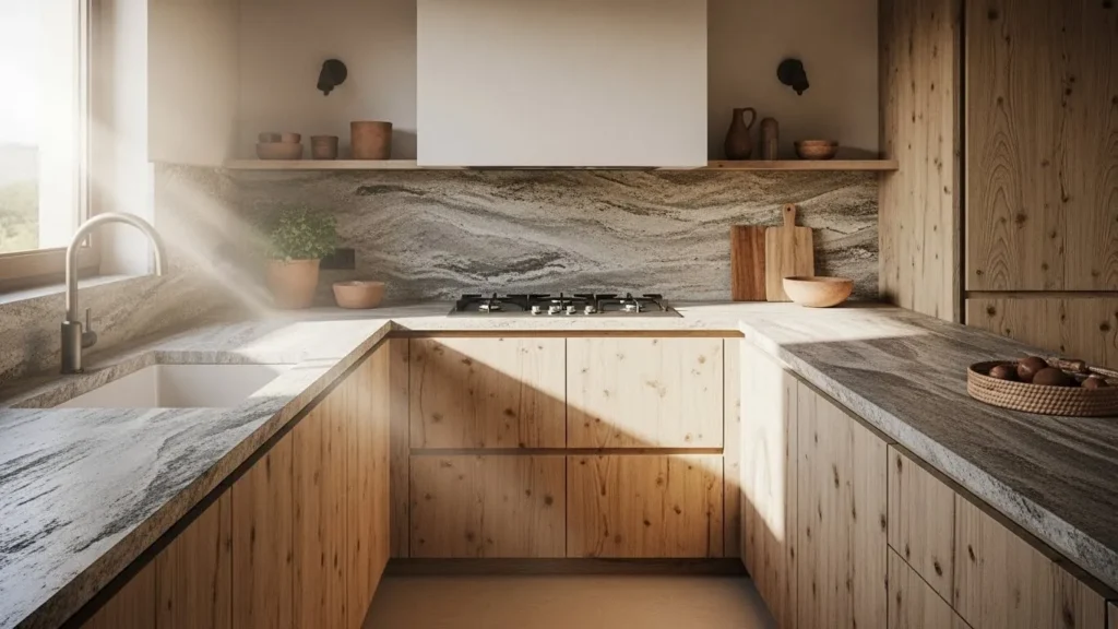 Kitchen with neutral stone countertops complementing wooden cabinets for an earthy vibe