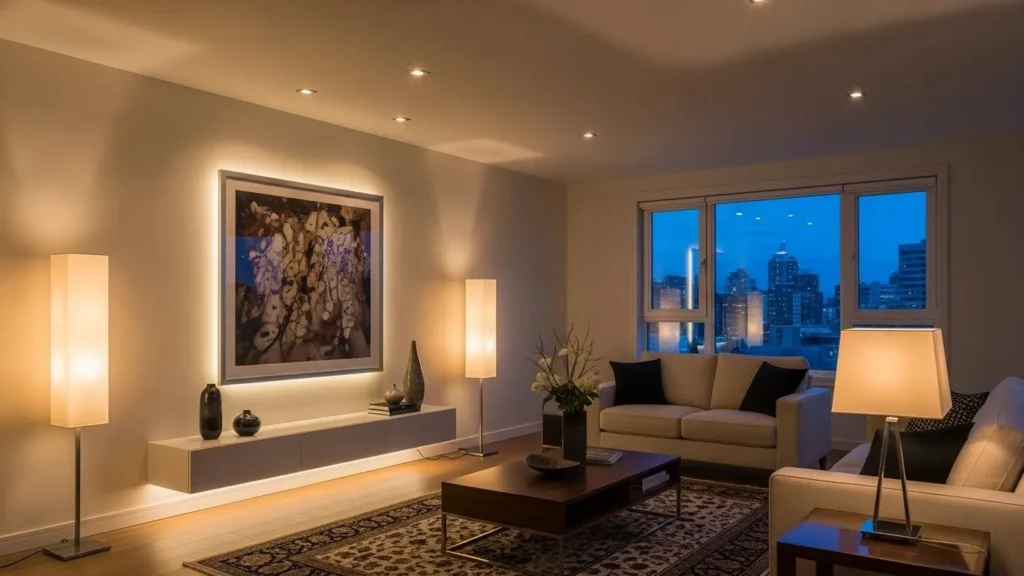 Layered lighting setup in modern house interior