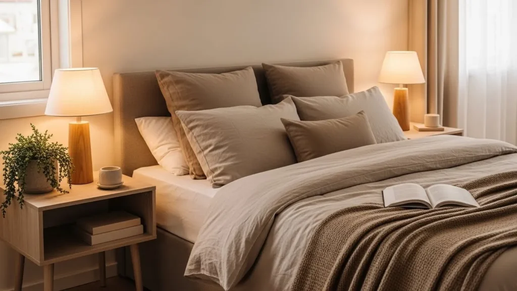 Cozy bedroom featuring minimal nightstands with lamp and decor