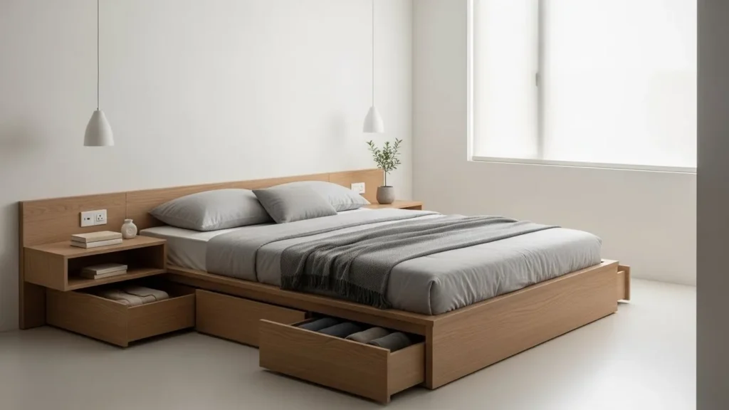 Minimalist bedroom featuring smart hidden storage solutions