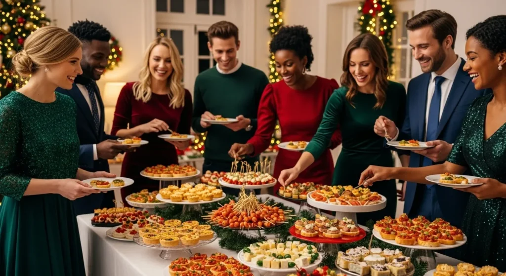 Guests enjoying elegant Christmas party appetizers