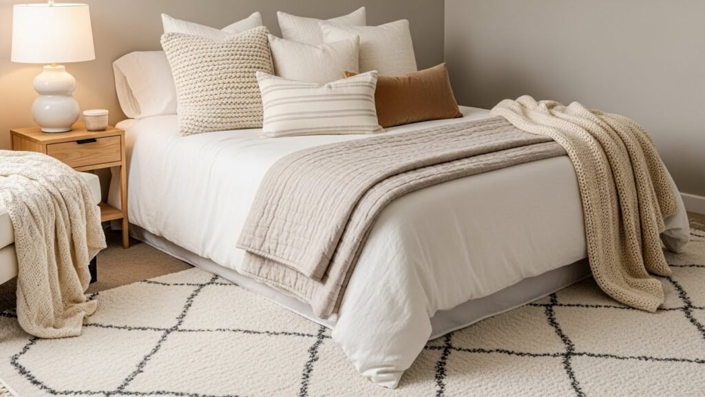 Layered textiles in a cozy guest bedroom with throws and pillows