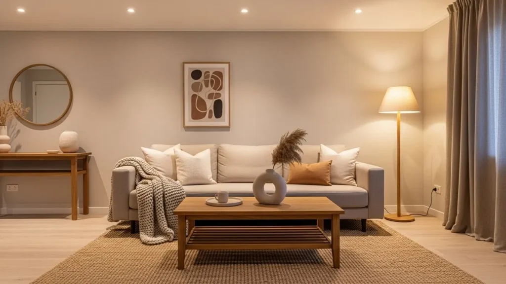 Warm minimalist house interior with neutral colors and cozy textures