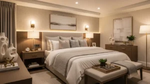 Elegant master bedroom ideas for 2026 featuring cozy neutral tones, upholstered bed, layered bedding, and warm modern decor
