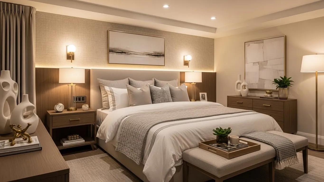 Elegant master bedroom ideas for 2026 featuring cozy neutral tones, upholstered bed, layered bedding, and warm modern decor