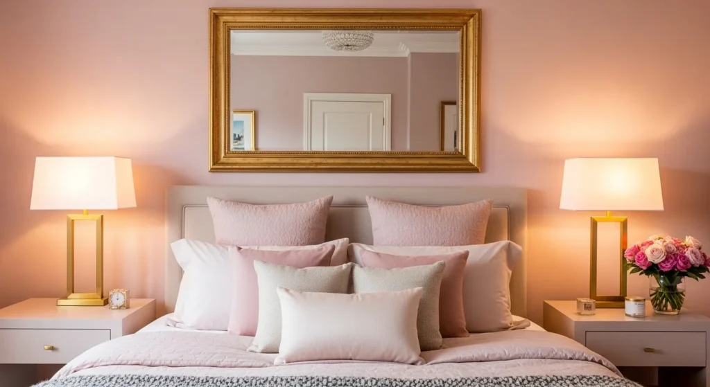 Blush pink bedroom with gold accents