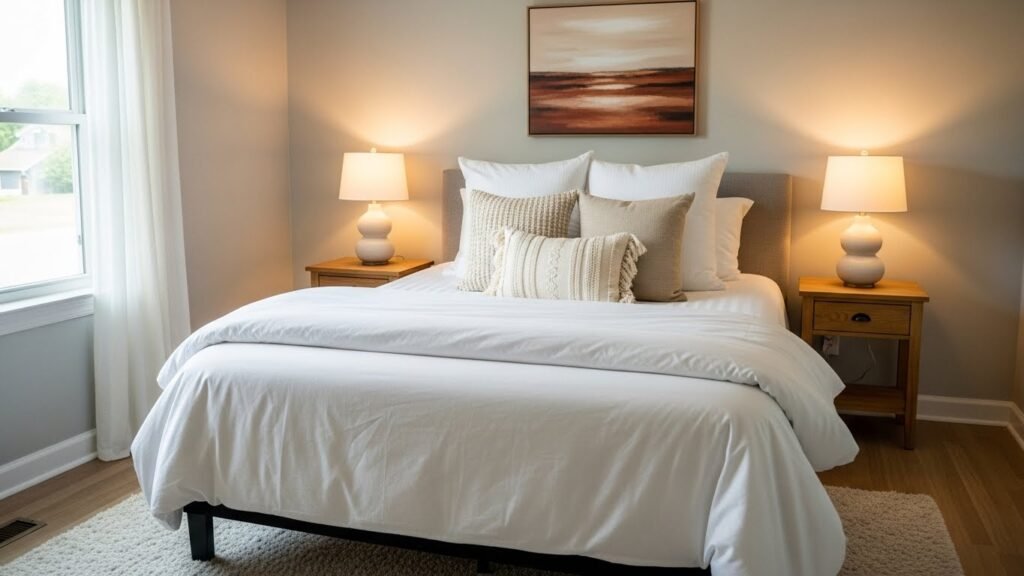 Comfortable guest bedroom bed with layered pillows and soft neutral bedding