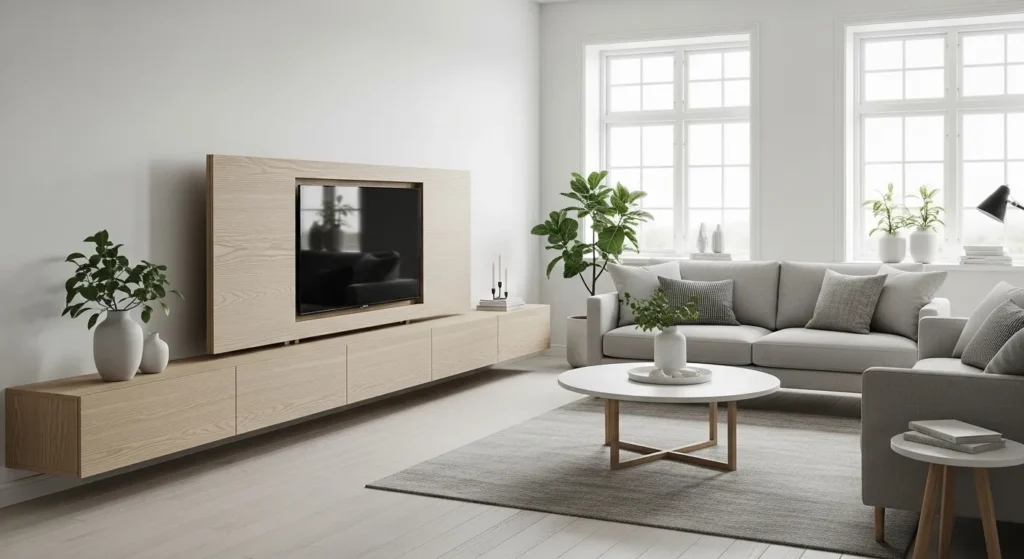 Minimal Scandinavian living room with concealed TV and cables