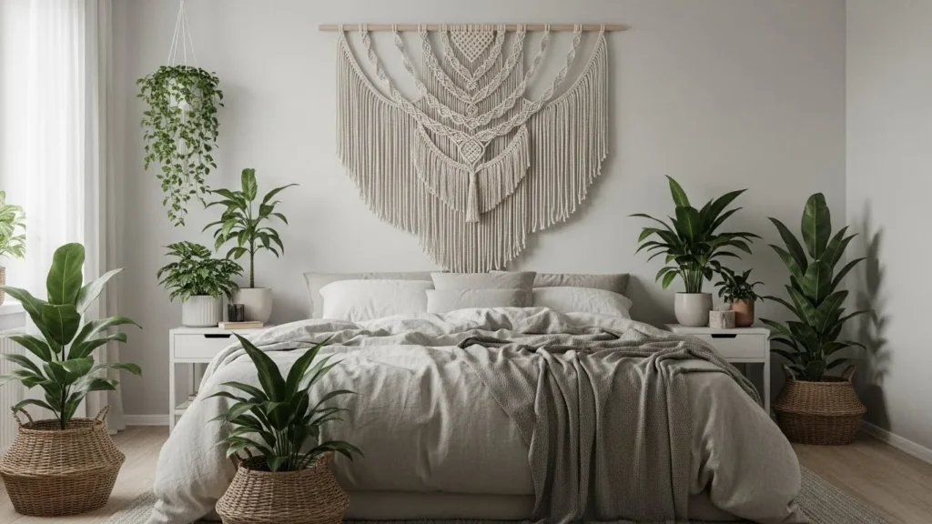 Macramé wall hanging adding boho charm to bedroom