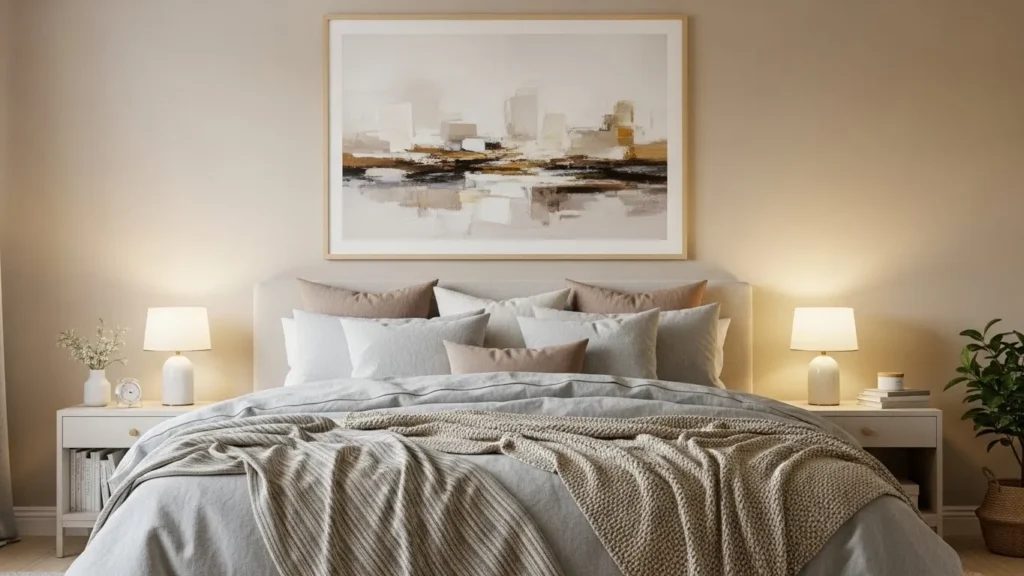 Cozy bedroom featuring personalized wall art and layered bedding