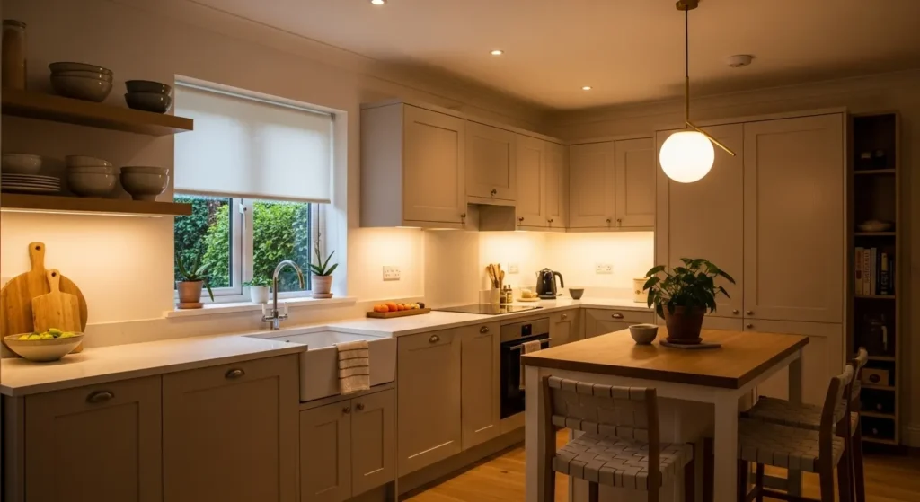 Beige kitchen cabinets with soft lighting