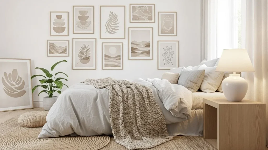 Neutral bedroom gallery wall decor