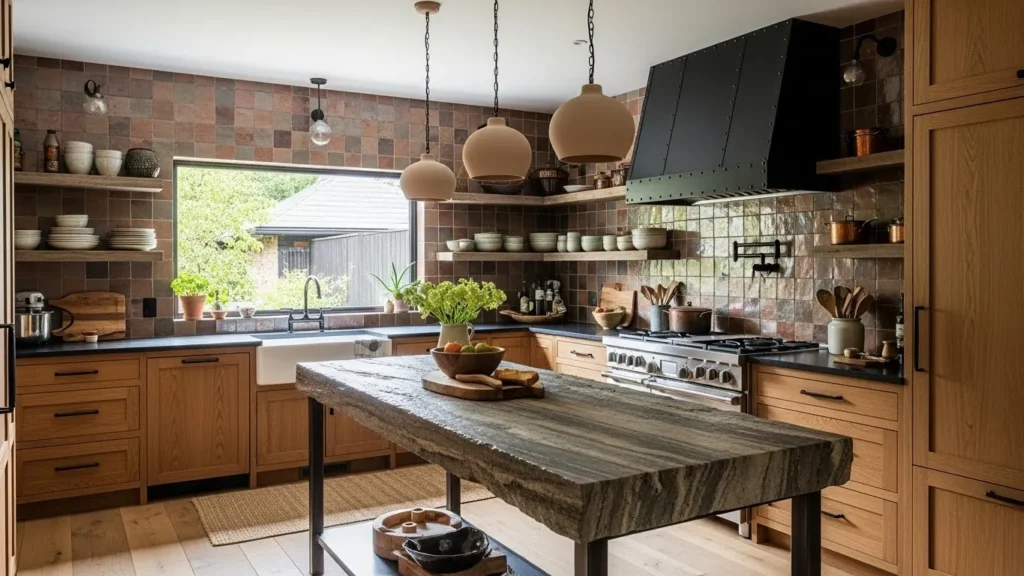 Earthy kitchen with layered natural materials like wood, stone, and clay