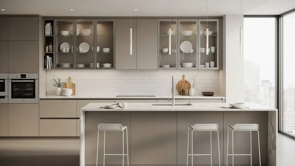 Glass cabinets in open kitchen design