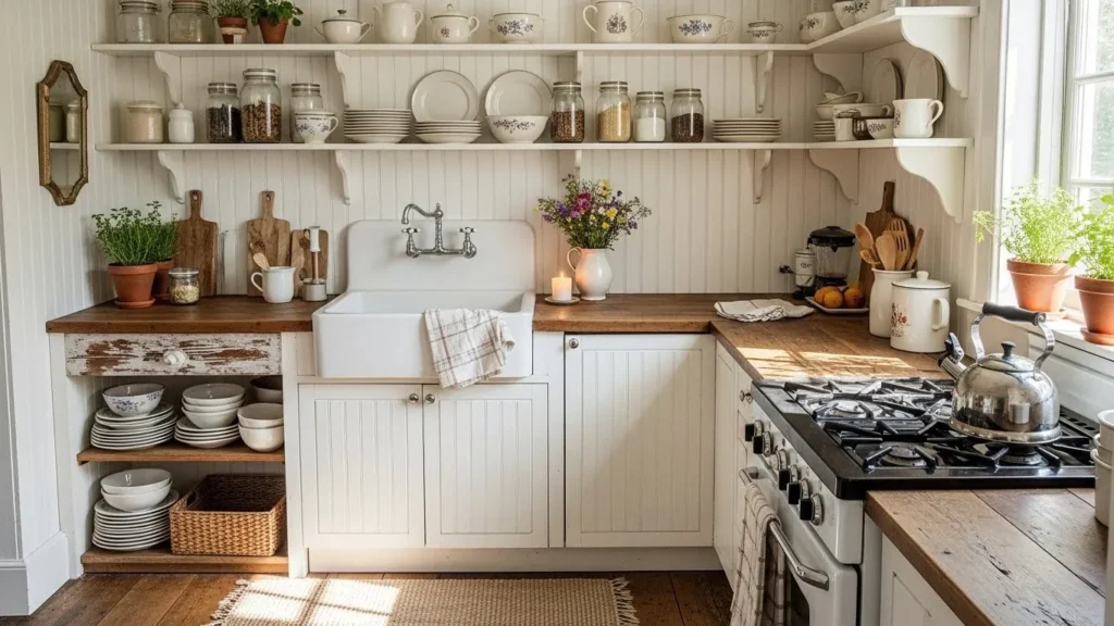 "White beadboard backsplash in cozy kitchen"