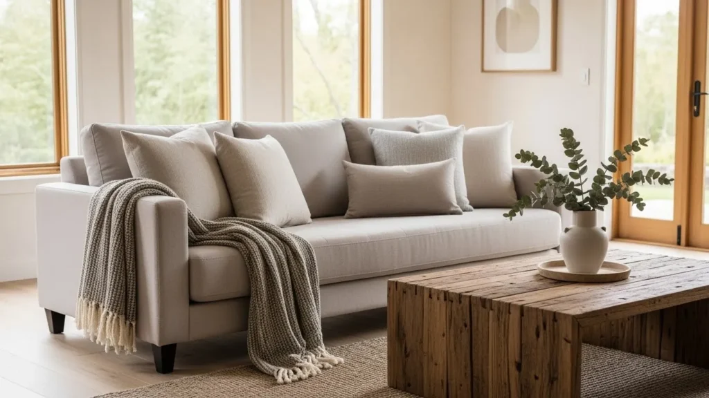 Modern organic decor with cozy textiles and neutral styling