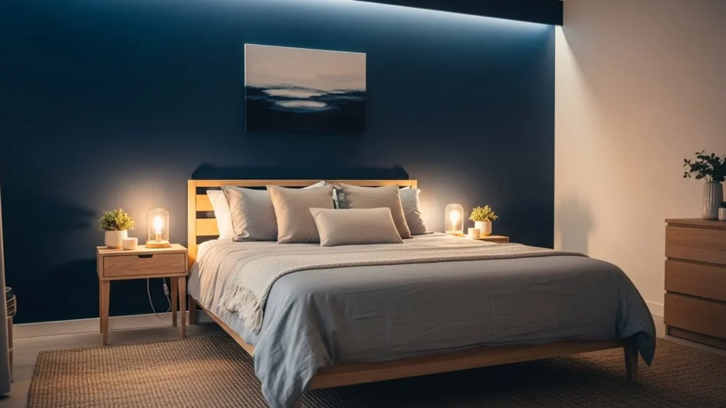 Bold painted bedroom accent wall in navy blue