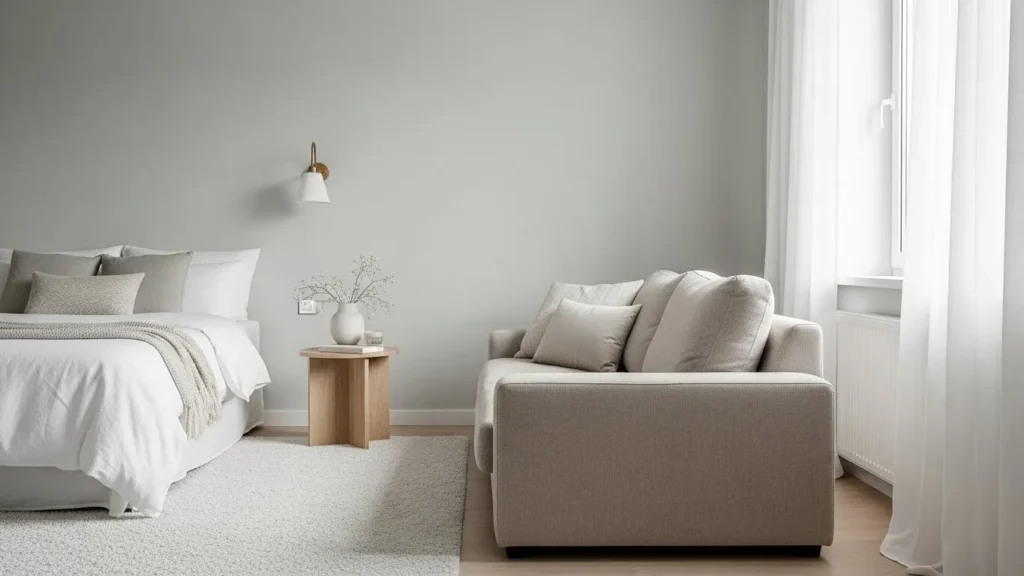 Neutral tone couch setup in a bedroom