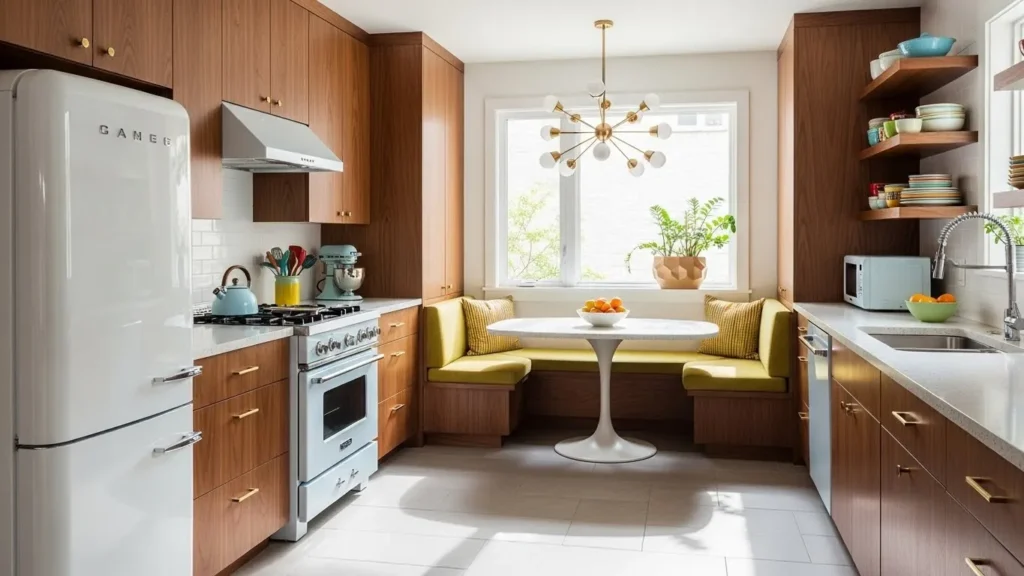 Retro-inspired appliances in mid century modern kitchen